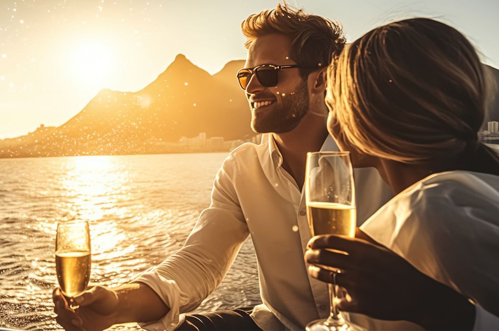 Pareja disfrutando de sus bebidas en un paseo en bote en Live Aqua Resorts and Residence Club