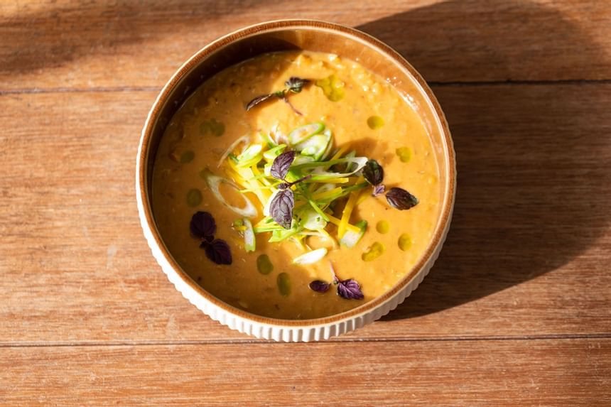 Close-up of a bowl of Pumpkin soup served at Liebes Rot Flueh