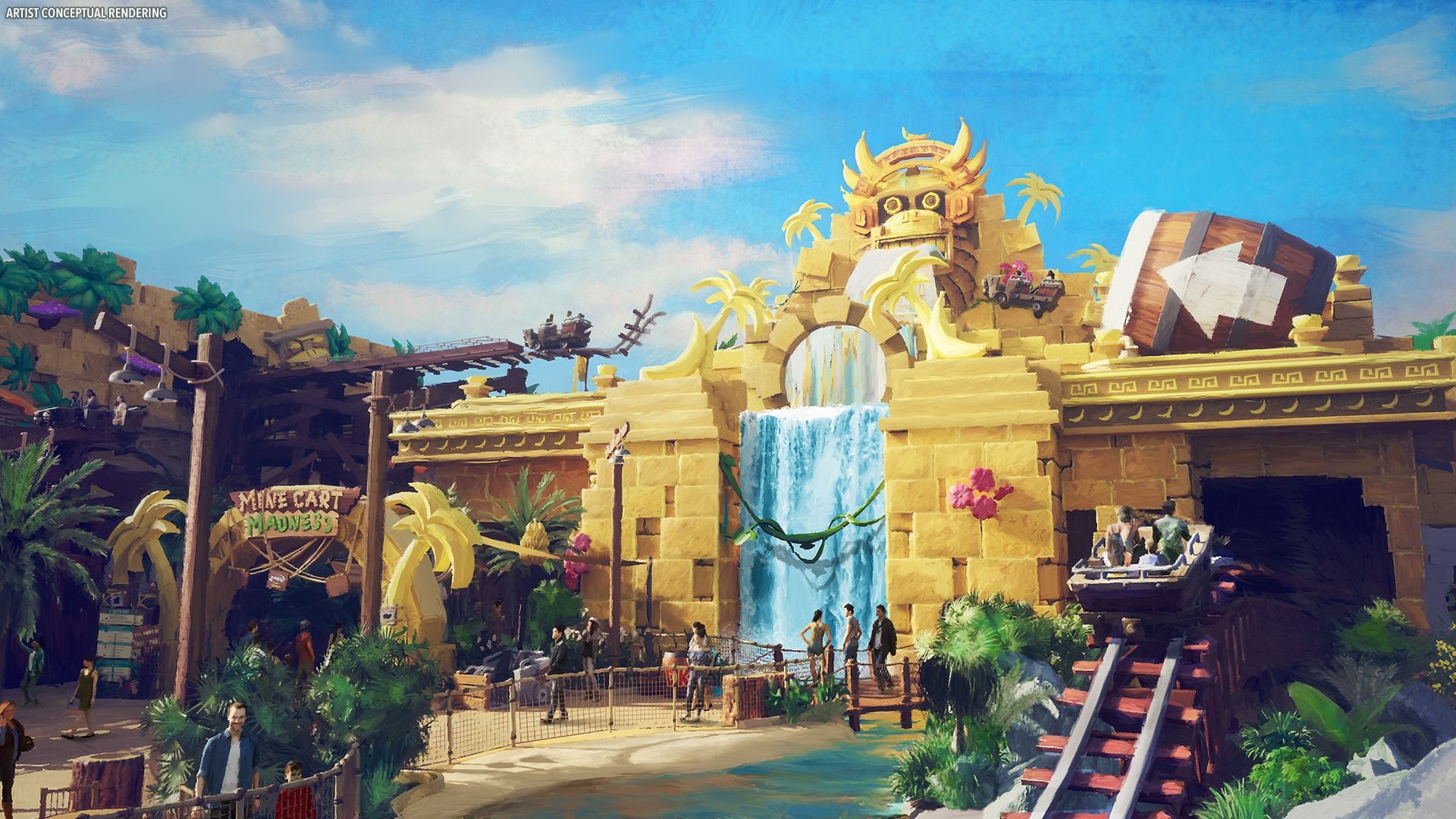 A conceptual rendering of the Golden Temple with a waterfall, a monkey-like face at the top, and a coaster track in the foreground.