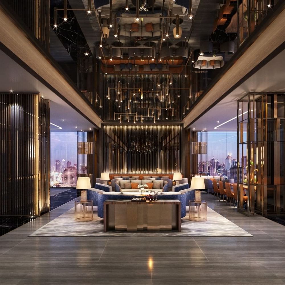 Interior of Luxury lounge area with a city view at Eastin Hotel