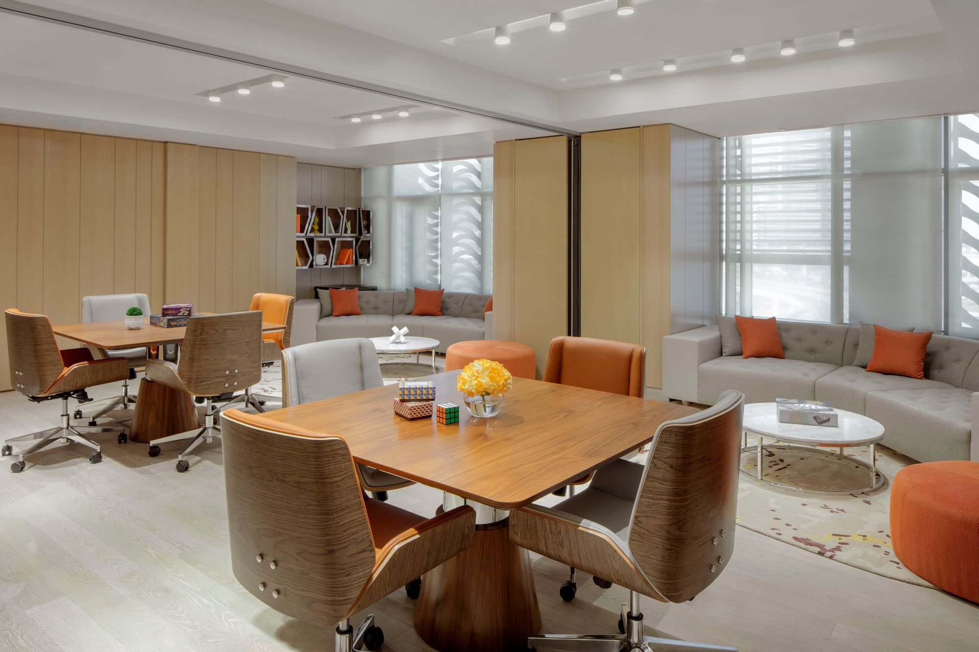 Tables arranged in the Work and Play Suite Area at Paramount Hotel Dubai