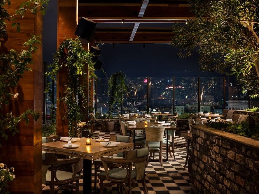 Dining area of Highlight Room in Dream Hollywood LA at night