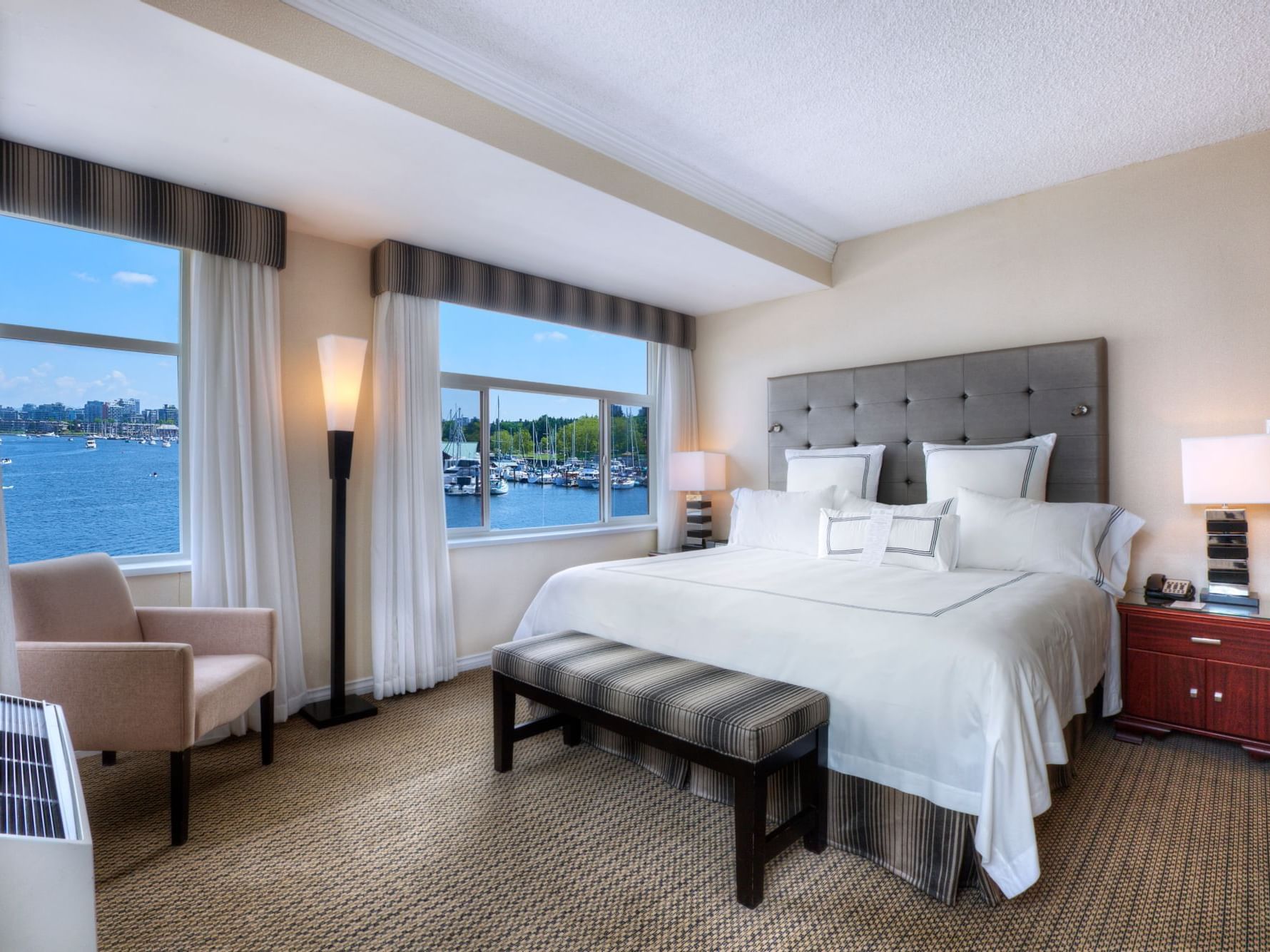 Superior Waterfront Rooms bedroom at Granville Island Hotel