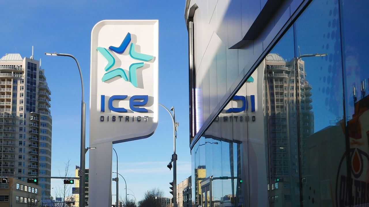 A sign for Edmonton's ICE District