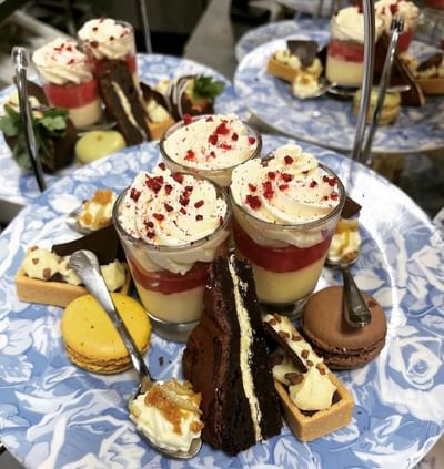 Close-up of a desert dish served at Orsett Hall Hotel
