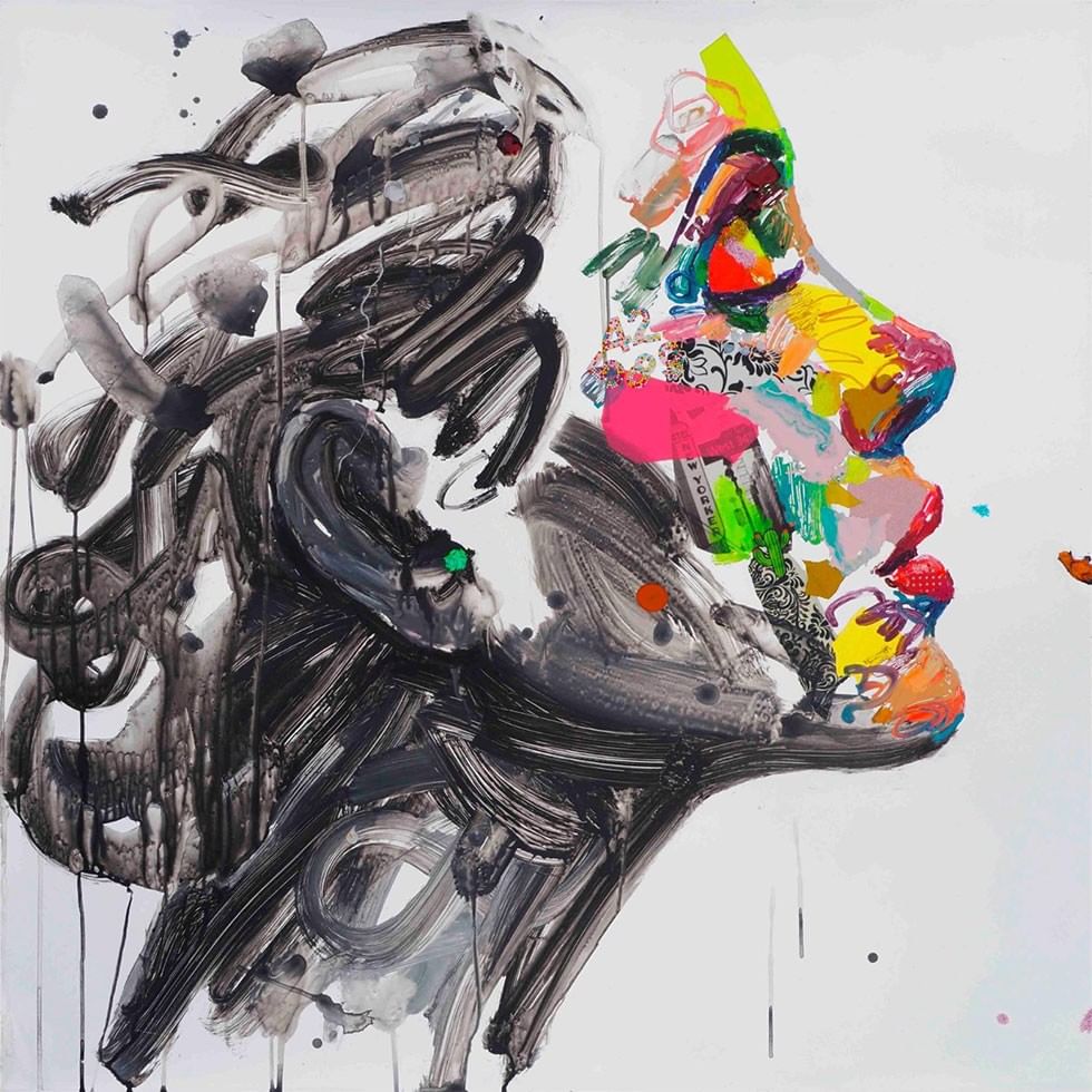 Abstract painting with black, white, and colorful elements, resembling a face or a creature.