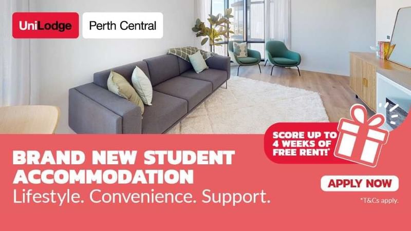 New student accommodation offer with living room at UniLodge Perth Central.