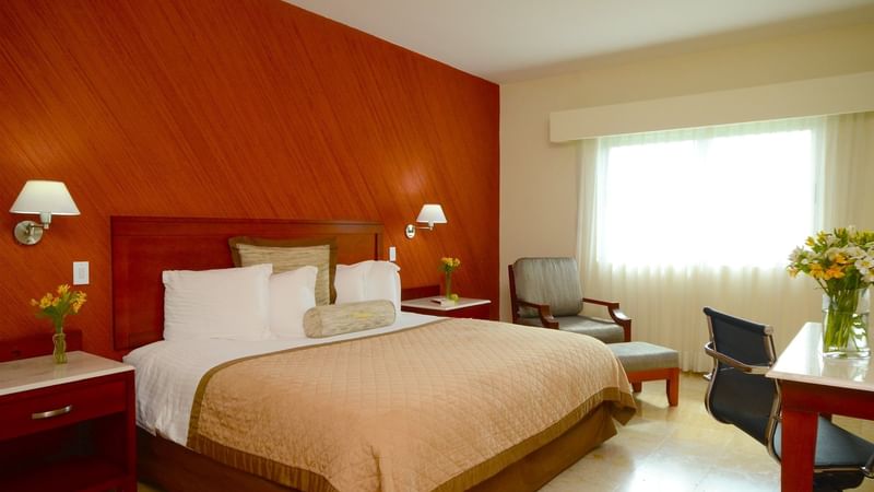 Queen bed with open windows at Gamma Colima Garden