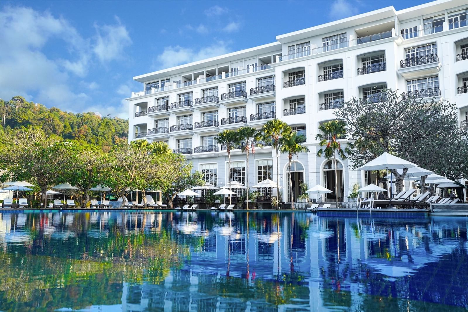 The Danna Langkawi infinity pool and colonial-inspired facade