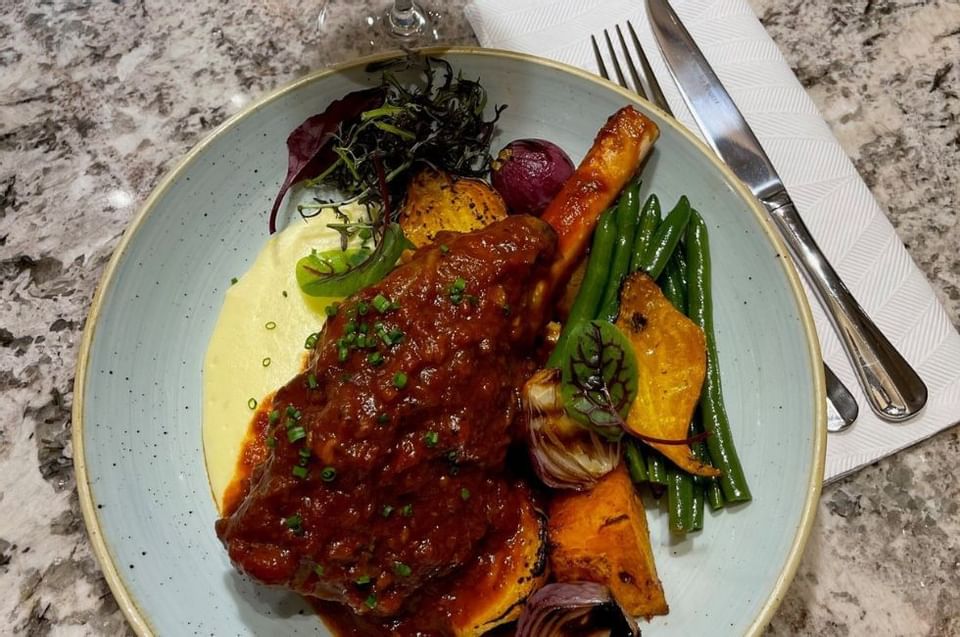 Beef Ribeye Steak with vegetables served at Amora Hotel Sydney
