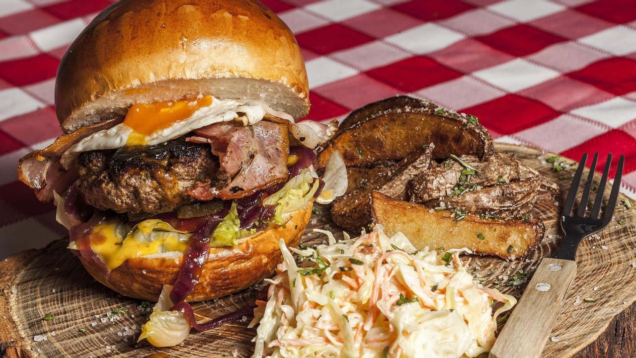 Big burger on a plate with fries and slaw
