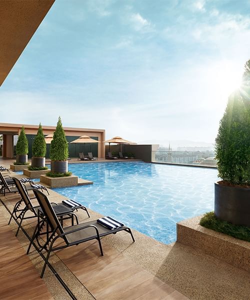 Close-up of pool beds beside the outdoor pool at Sunway Lagoon
