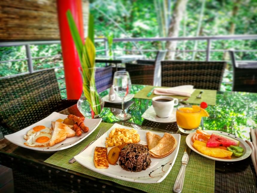 Breakfast meals arranged in Sloth Snack Bar at Jungle Vista Boutique Hotel