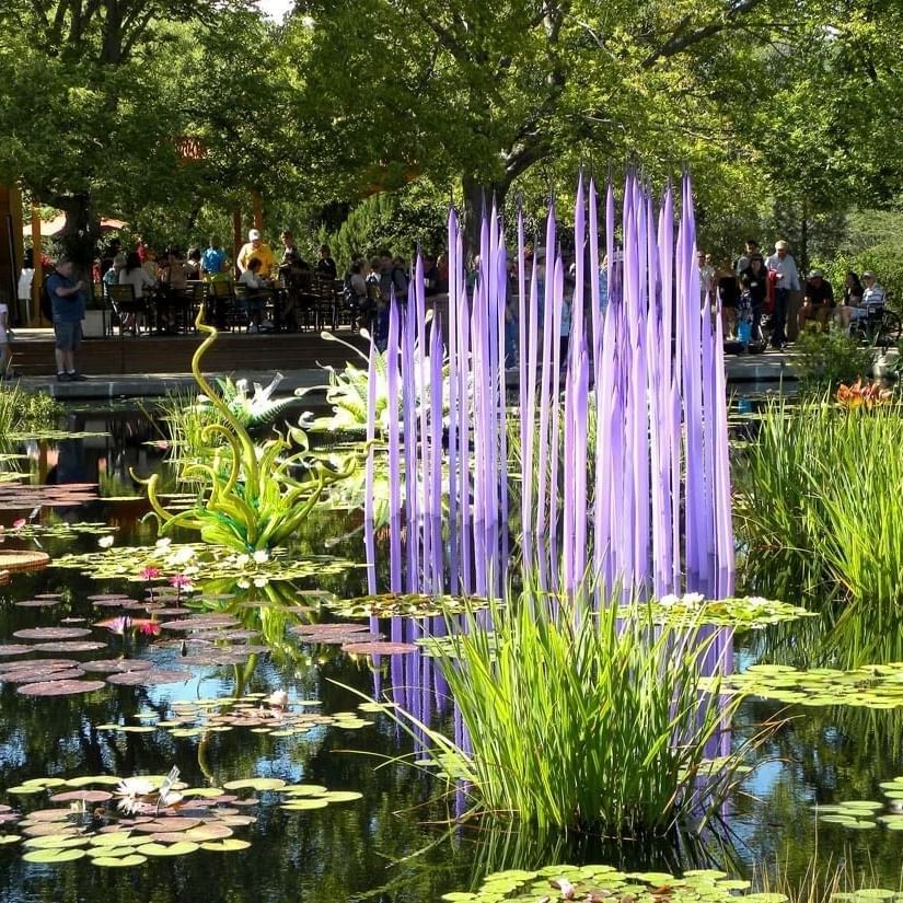 Denver Botanic Gardens with Purple glass art by a lily pond under green trees near Warwick Denver