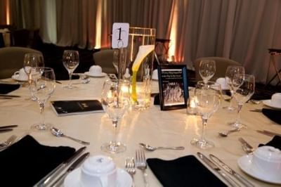 Close up of a banquet table setup for event at UMass Lowell Inn