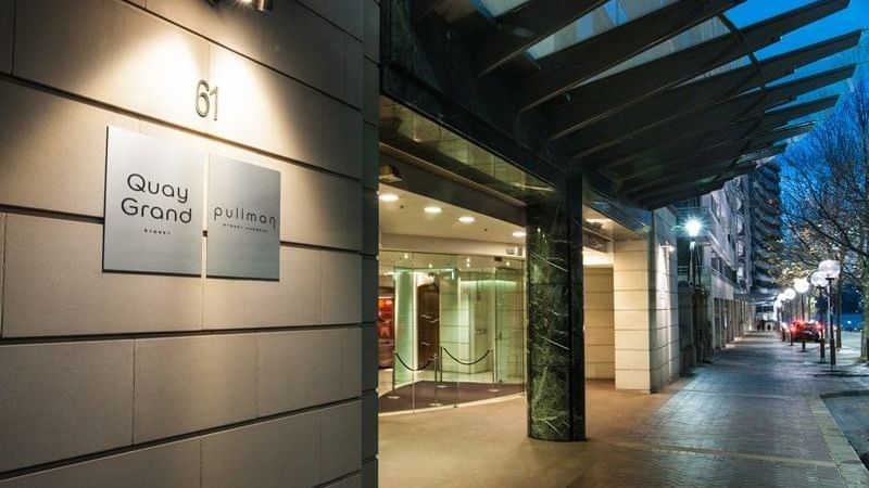 Entrance sign of hotel at Pullman Quay Grand Sydney Harbour