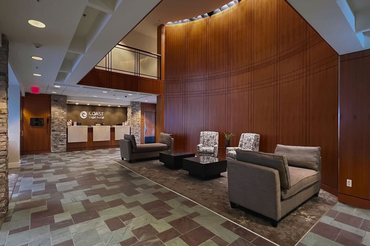 Hotel lobby with chairs, tables