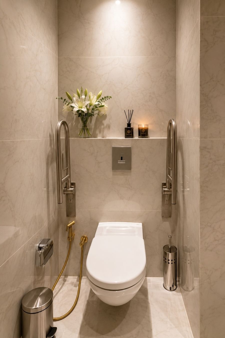 Toilet with stainless steel support handrails beneath flower vase shelf in Accessible Room at Naviti by Warwick Jeddah
