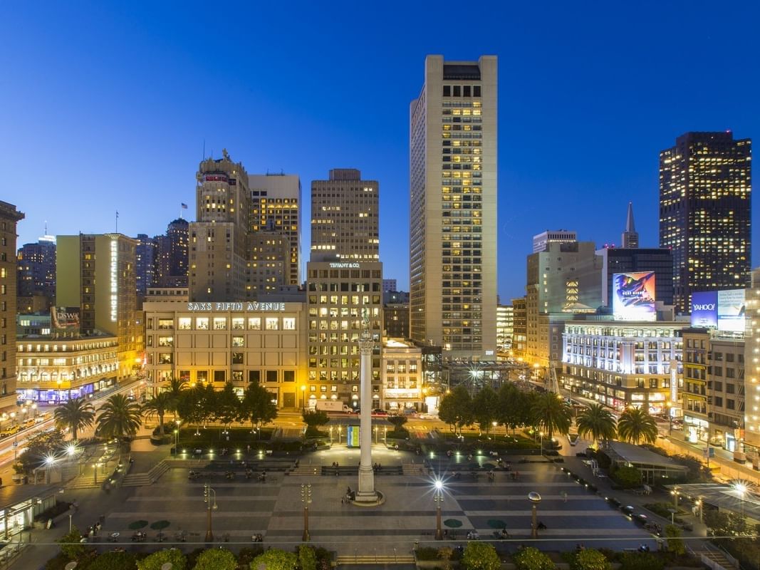 Dusk cityscape of San Francisco with Union Square and illuminated buildings at Pickwick.