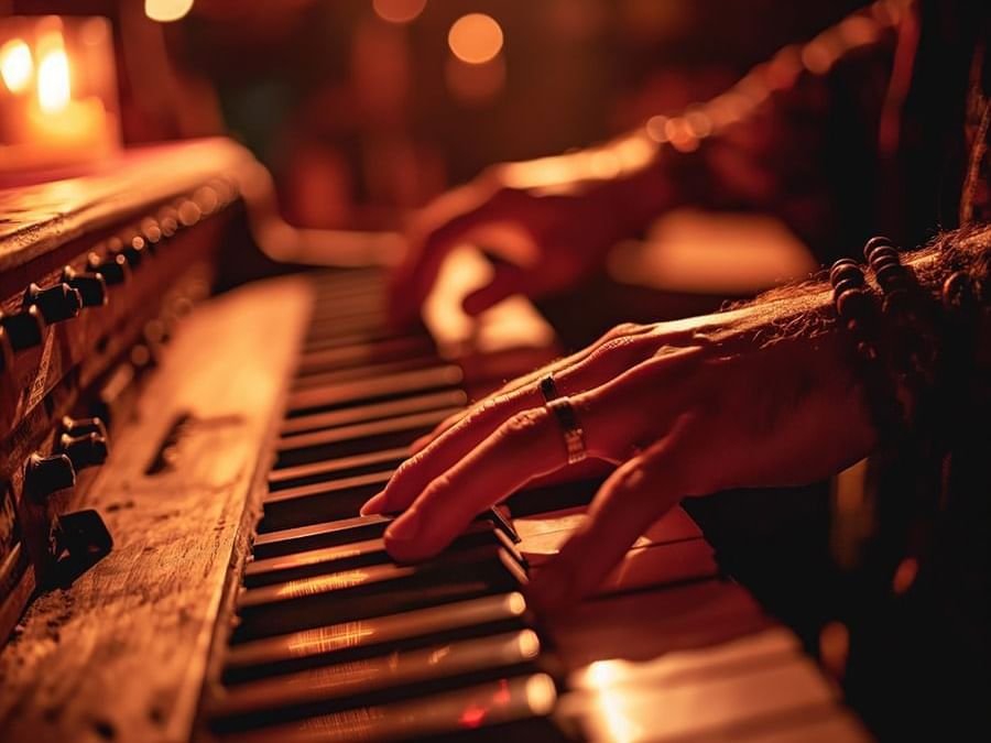 Close-up of hands gracefully playing the keys of an old piano, creating a cozy ambiance at Paramount Hotel Portland