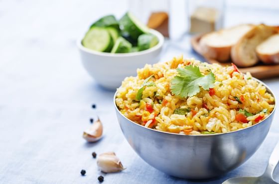 Close-up of a bowl of rice served at Hotel Liebes Rot Flueh