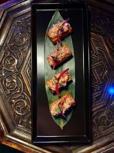 Overhead view of Sushi served on a tray in Tokyo Club Sushi & Karaoke Bar at Fairwind Hotel Miami