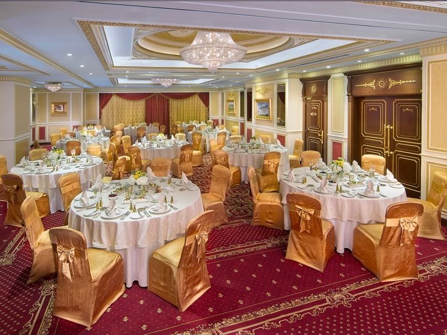 Banquet table setting in Al-Ain Ballroom at Royal Rose Hotel