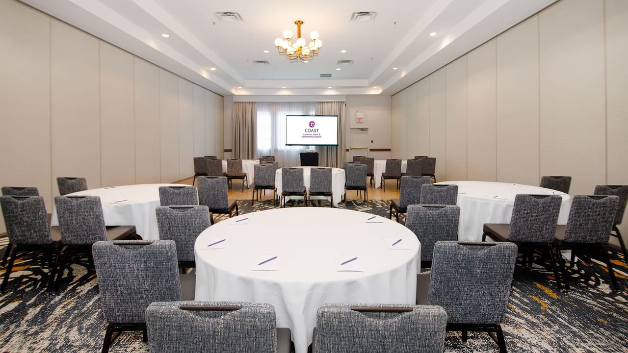 Conference room with round tables.