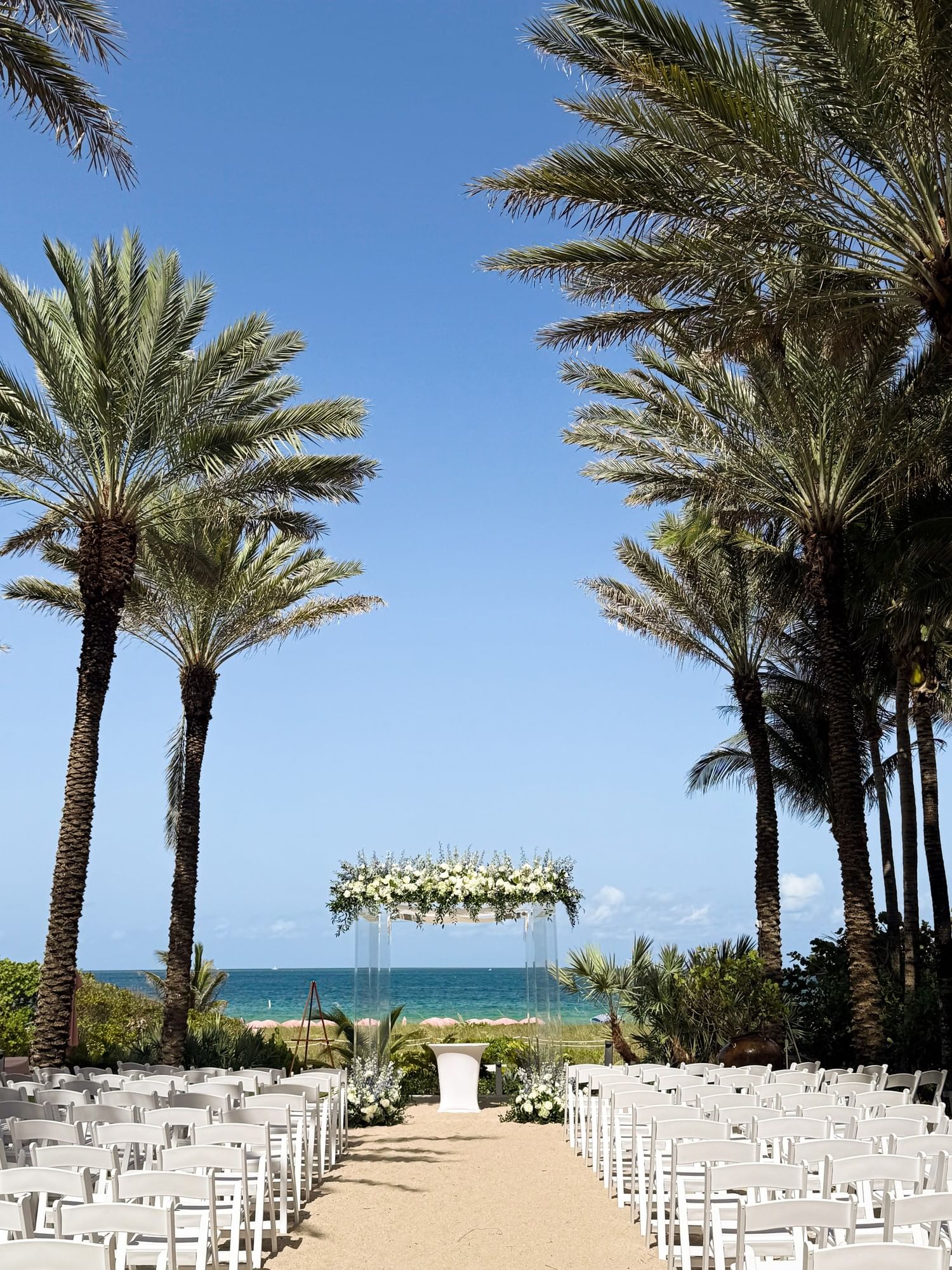 A beachside wedding setup with white chairs, a floral arch, and palm trees.