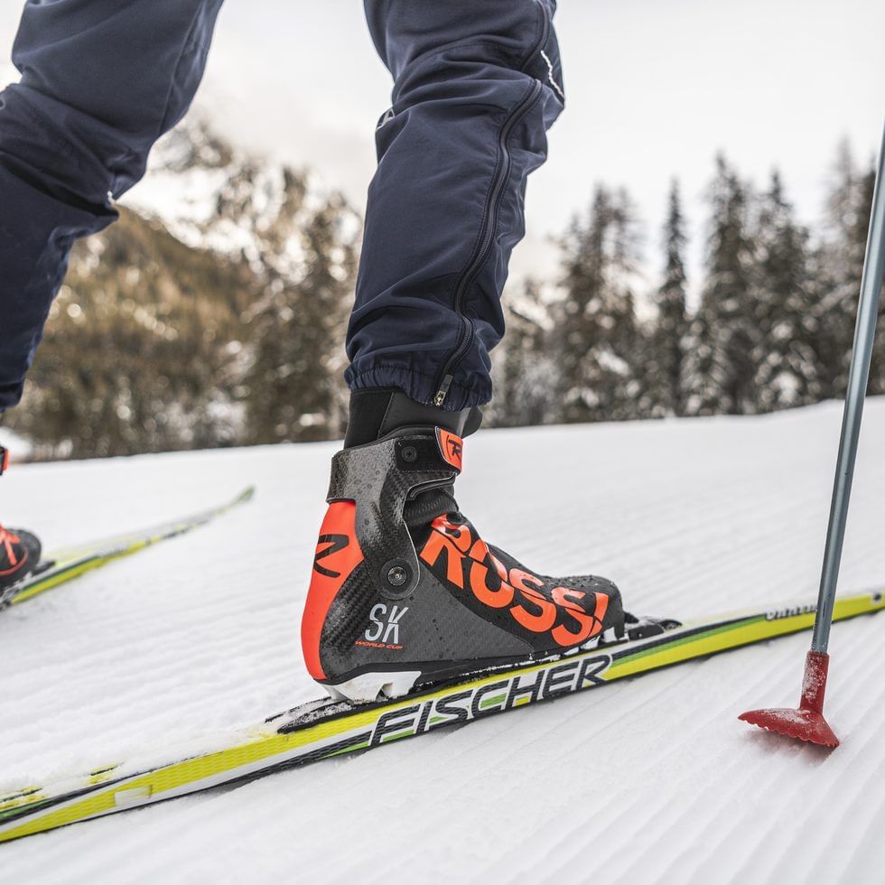 Close-up of wearing snow skates near Falkensteiner Hotel Kronplatz