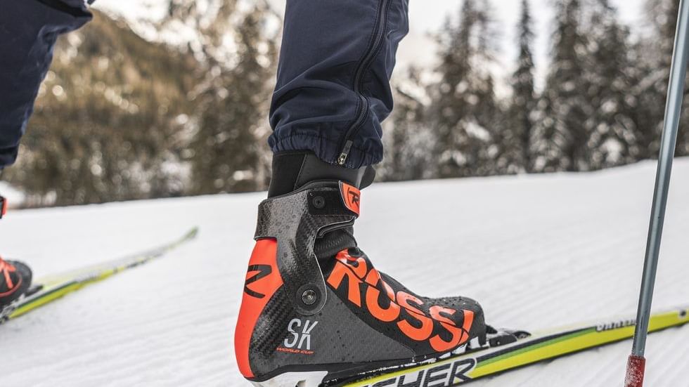 Close-up of wearing snow skates near Falkensteiner Hotel Kronplatz