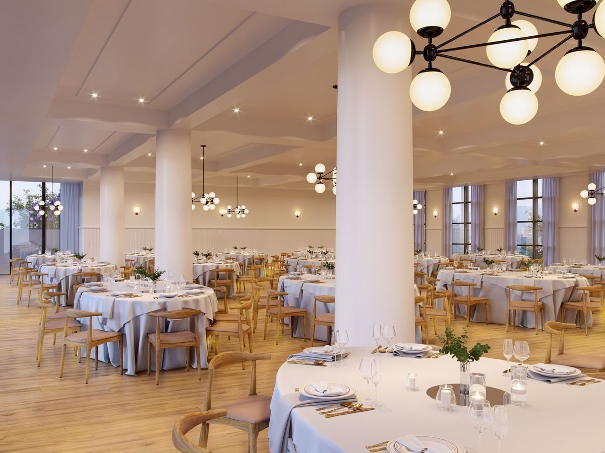 The harbor room arranged banquet style in The Rockaway Hotel