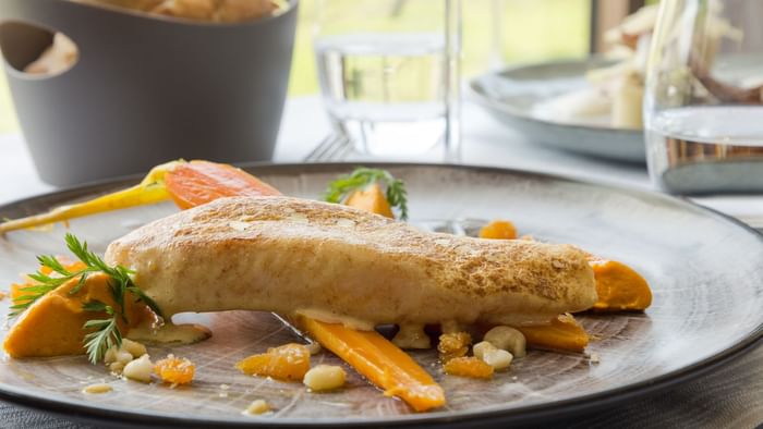 Closeup of a meal served at Hotel Les Quatre Salines