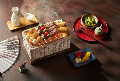 Close-up of Tempura-kushi & tea served at Hanoi Daewoo Hotel