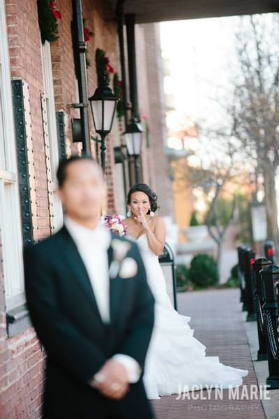 Close up of Bride and groom outside of Hotel at Old Town Wichita