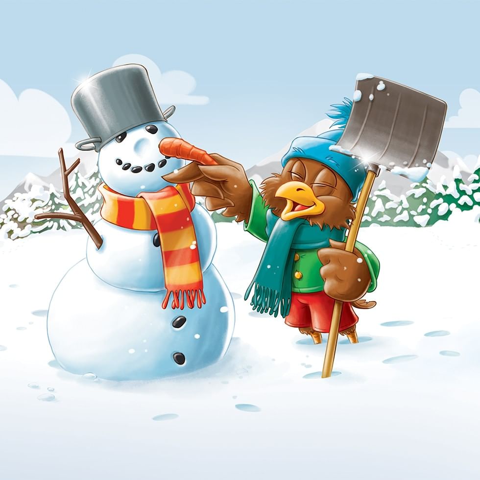 Schneemann und Vogel mit Möhre und Schaufel beim Frozen-Geburtstagserlebnis.