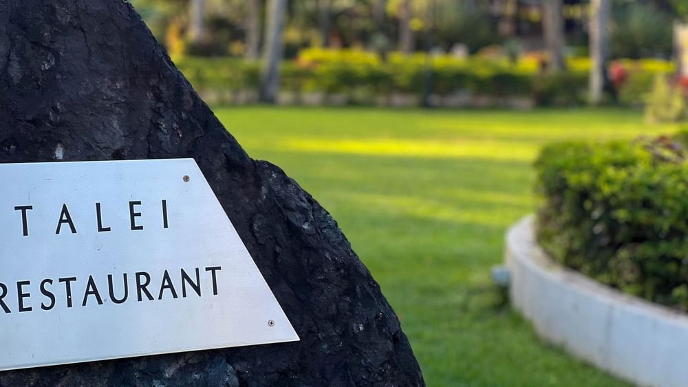 Talei Restaurant sign on a rock at The Naviti Resort in Korolevu.