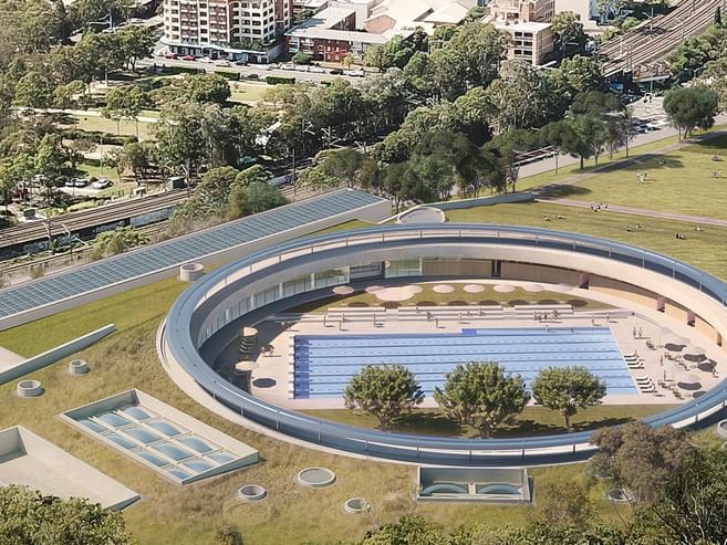 Aerial view of Parramatta Aquatic Centre near Nesuto Hotels