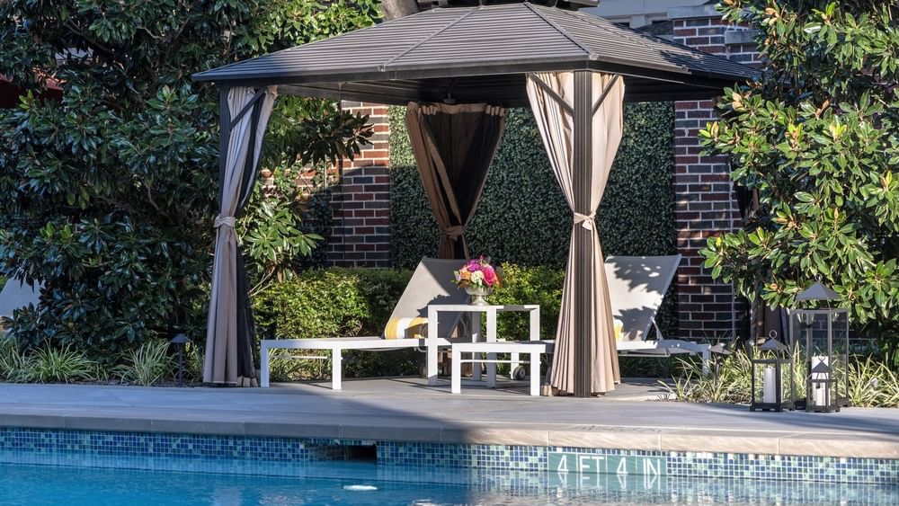 The Swimming Pool at Warwick Melrose - Dallas with lounge chairs under a canopy and surrounded by greenery.