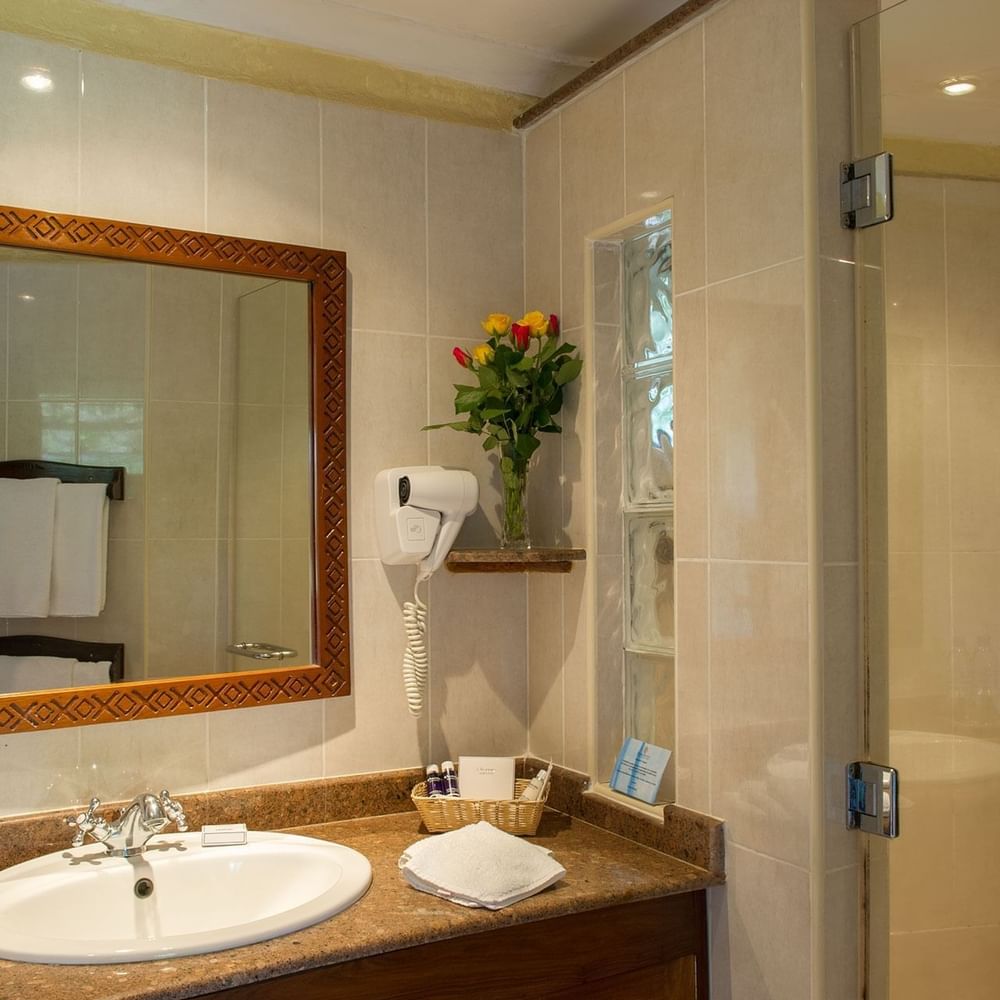 Standard Triple Room bathroom with sink, mirror, and shower at Arusha Serena Hotel in Arusha.
