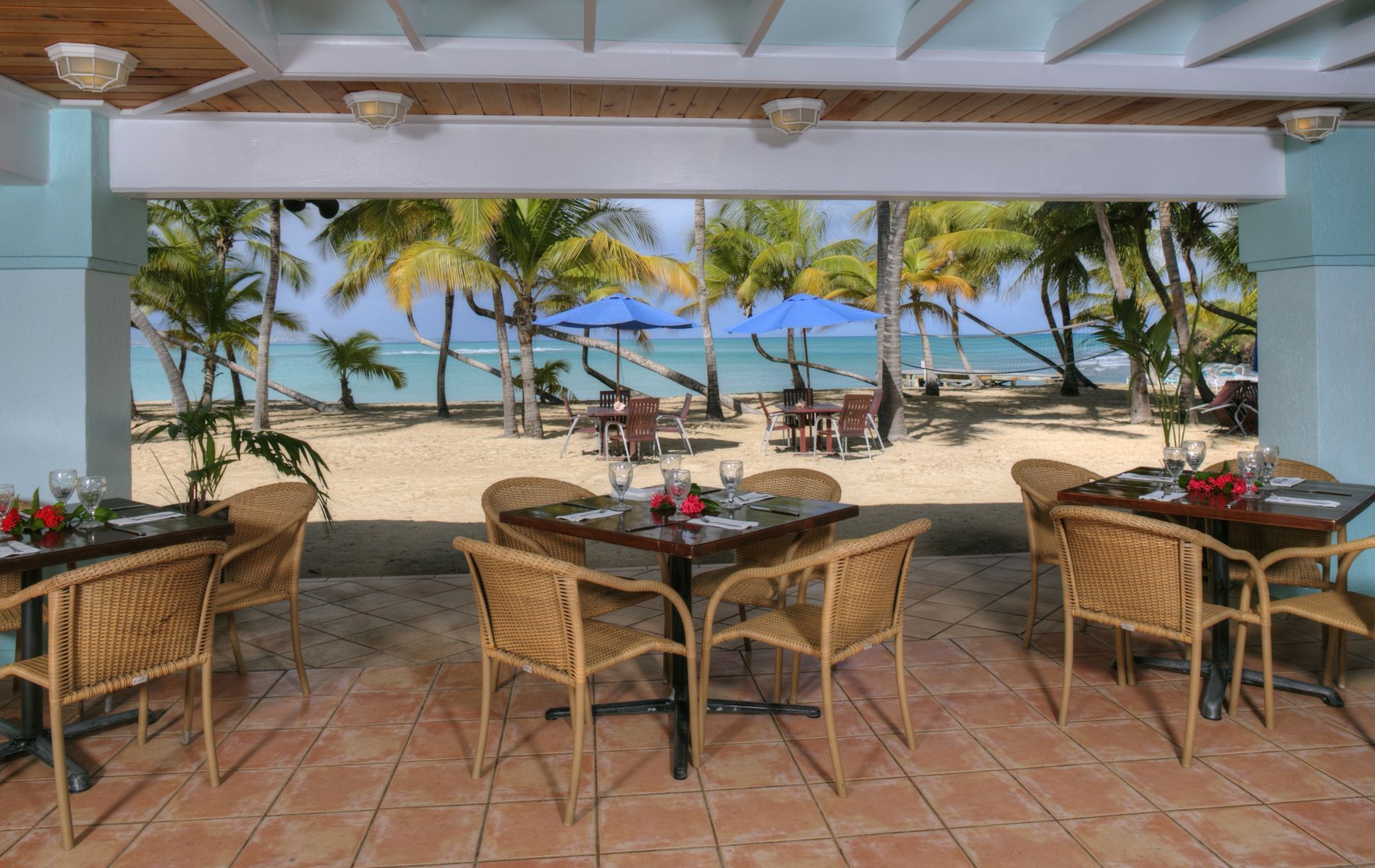 Dining area in Mermaid beach restaurant near The Buccaneer Resort St. Croix