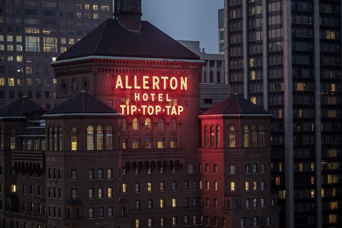 Allerton Hotel Tip-Top-Tap neon signage on a building at Warwick Allerton Chicago