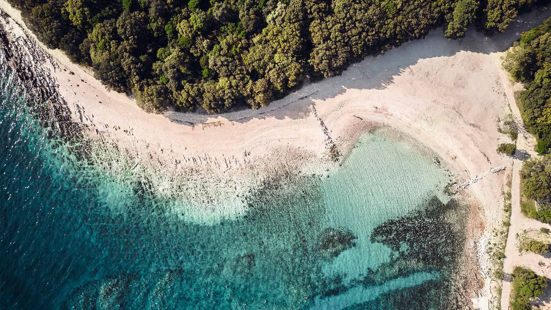 Vista aerea di una spiaggia sabbiosa con acque turchesi e una fitta vegetazione circostante.