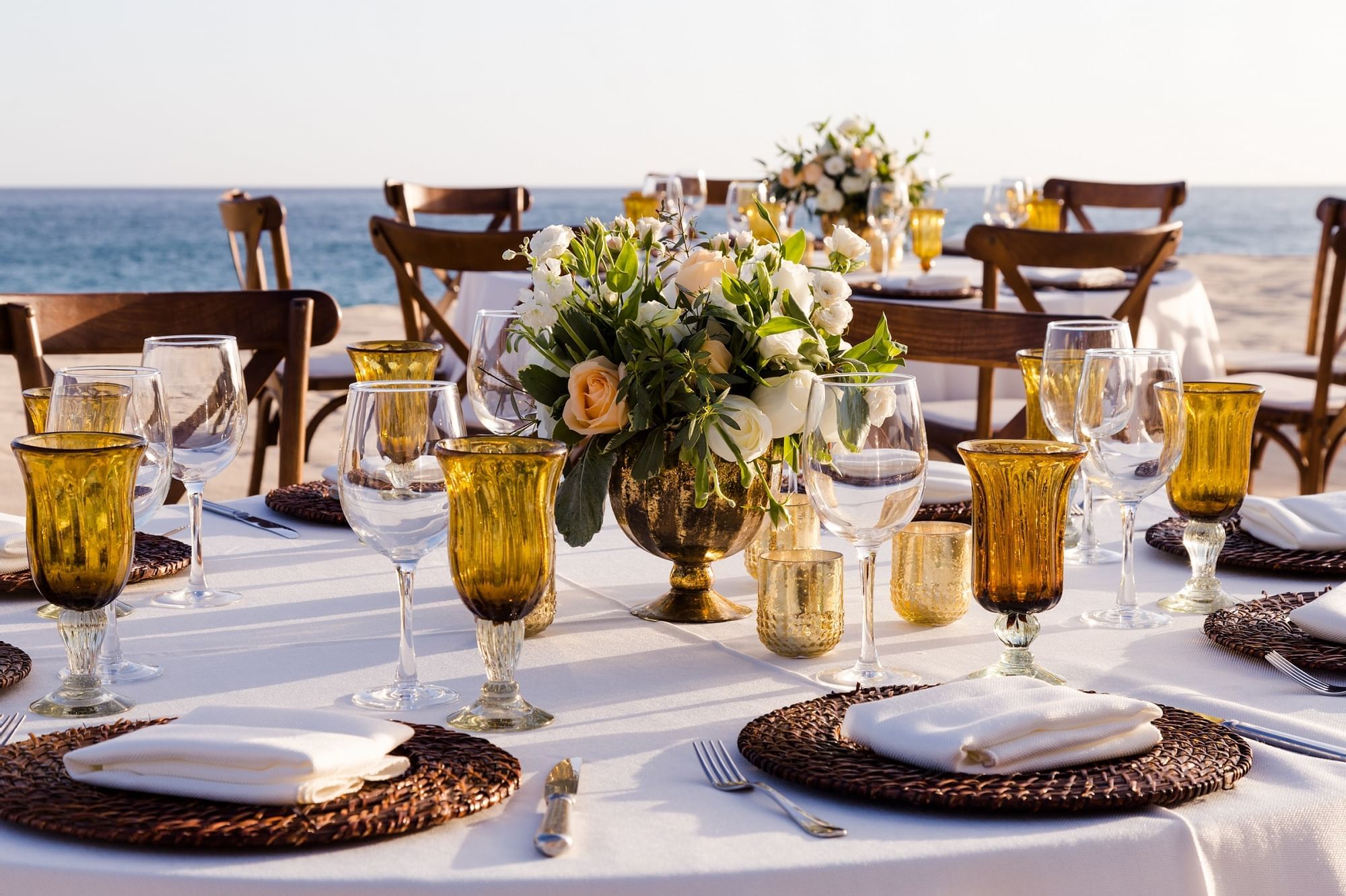 Closeup of outdoor dining table set up at Marquis Los Cabos