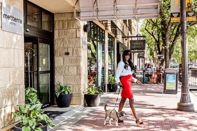 A Lady walking the dog outside of Metterra Hotel on Whyte