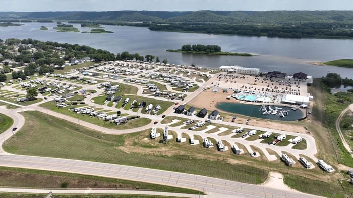 Aerial view of RV park with numerous parked vehicles near Off Shore Resort