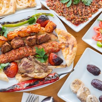 Close-up of Kebab dishes served near Titanic Port Bakirkoy