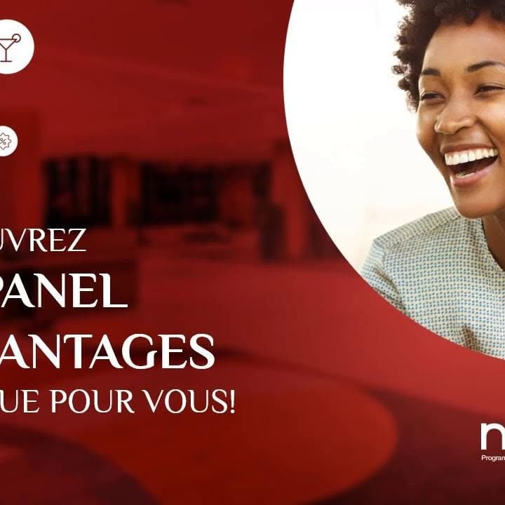 Smiling woman with Nomad banner, icons, and French text about discovering benefits in the loyalty program.
