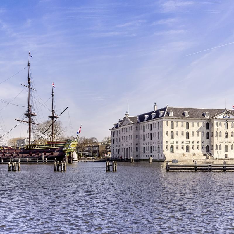 Distance view of Maritime Museum and ship near Luxury Suites Amsterdam