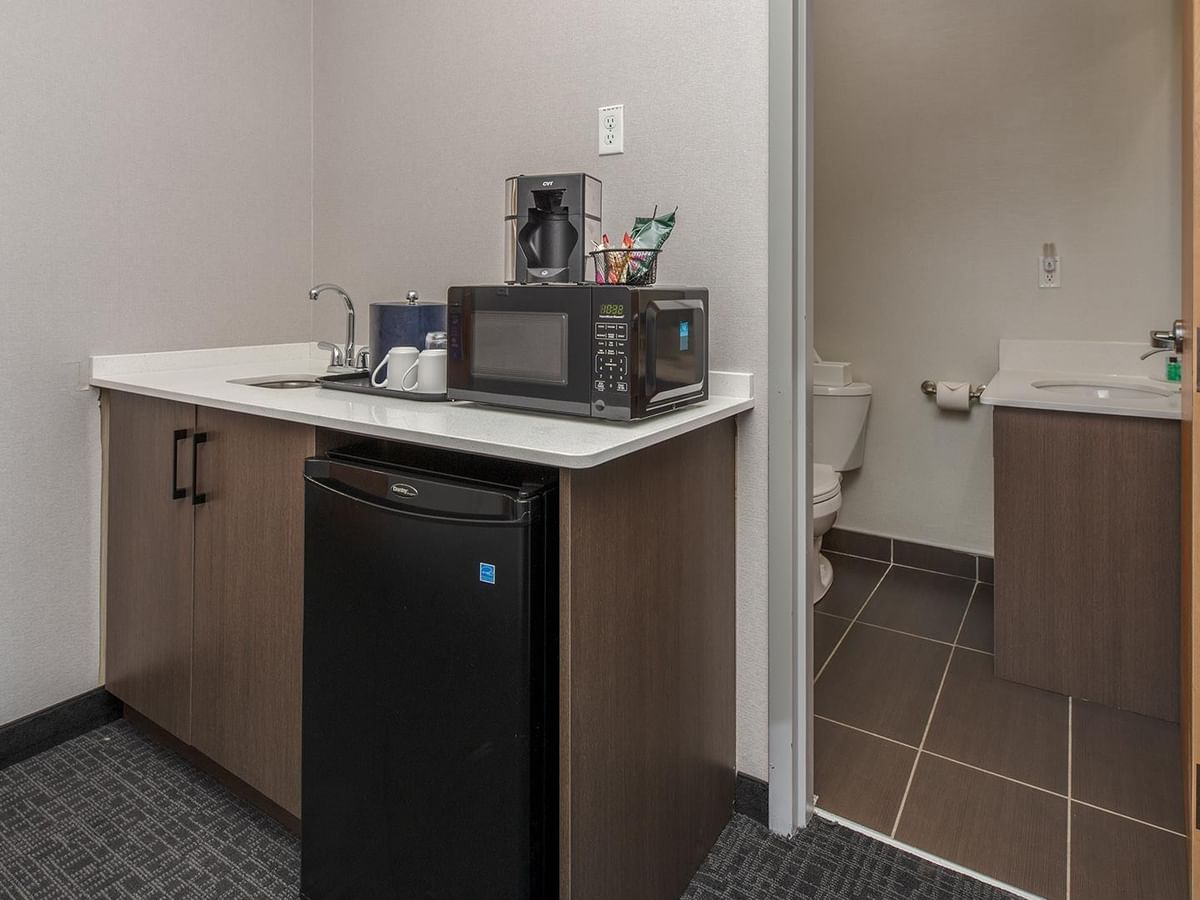 Min fridge, sink, and microwave
